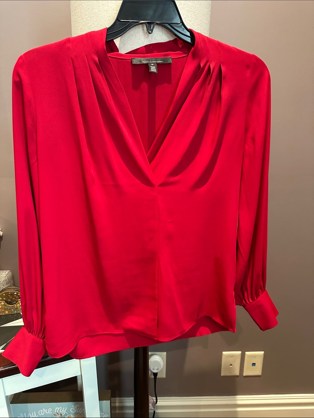White House Black Market Red Draped Cowl Neck Long-Sleeve Blouse